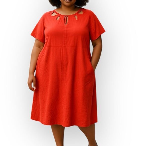 Ashley Stewart Plus Size 24 Reddish Orange Linen Cutout Knee Length Party Dress - Picture 1 of 5